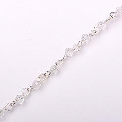 Clear Handmade Bicone Glass Beads Chains for Necklaces Bracelets Making, with Iron Eye Pin, Unwelded, Silver, Clear, 39.3 inch