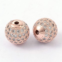 Rose Gold Brass Cubic Zirconia Beads, Round, Rose Gold, 10mm, Hole: 2mm