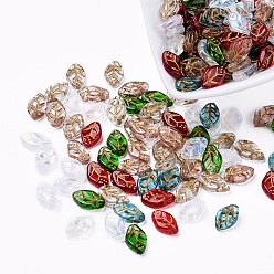 Mixed Color Czech Glass Beads, Electroplated/Gold Inlay Color, Leaf, Mixed Color, 12.5x7.5x3.5mm, Hole: 0.8mm, about 237~243pcs/bag