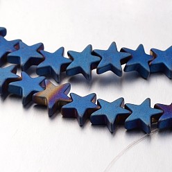 Blue Plated Electroplate Non-magnetic Synthetic Hematite Bead Strands, Frosted, Star, Blue Plated, 8x8x3mm, Hole: 1mm, about 68pcs/strand, 15.7 inch