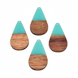 Turquoise Transparent Resin & Walnut Wood Pendants, Teardrop Shape Charm, Turquoise, 38x22x3mm, Hole: 2mm