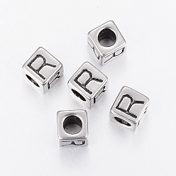 Antique Silver 304 Stainless Steel Large Hole Letter European Beads, Cube with Letter.R, Antique Silver, 8x8x8mm, Hole: 5mm