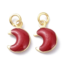 Red Brass Enamel Charms, Real 18K Gold Plated, with Jump Rings, Moon, Cadmium Free & Lead Free, Red, 11x7x3.5mm, Hole: 2.6mm