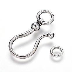 Antique Silver Tibetan Style S Hook Clasps, Cadmium Free & Lead Free, Antique Silver, S Hook: 38x16x8mm, Ring: 8mm, Hole: 5mm