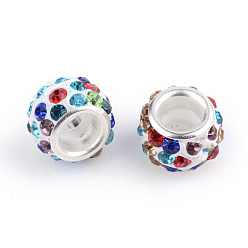 Coloré Argile polymère strass perles européennes, Perles avec un grand trou   , rondelle, avec noyaux en laiton plaqué couleur argent, colorées, 10~12x7~8mm, Trou: 5mm