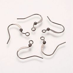 Gunmetal Brass French Earring Hooks, Flat Earring Hooks, with Beads and Horizontal Loop, Lead Free, Gunmetal, 15mm, Hole: 2mm