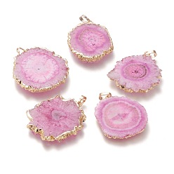 Pearl Pink Dyed Natural Druzy Solar Quartz Crystal Pendants, Edge Plated, with Brass Bails, Sunflower, Golden, Pearl Pink, 40~50x30~45x5~6mm, Hole: 4x6mm