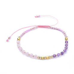 Pink Adjustable Nylon Thread Braided Bead Bracelets, with Natural Rose Quartz & Amethy stBeads, Glass Seed Beads and Brass Beads, Pink, Inner Diameter: 2-1/4 inch~3 inch(5.8~7.5cm)