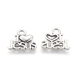 Antique Silver Tibetan Style Alloy Pendants, For Easter, Holy Charms(I Love Jesus), Cadmium Free & Lead Free, Heart, Antique Silver, 13x15x2mm, Hole: 3mm