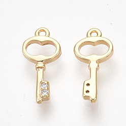 Real Rose Gold Plated Brass Cubic Zirconia Charms, Key, Nickel Free, Real 18K Gold Plated, Clear, 11x5x1mm, Hole: 0.6mm