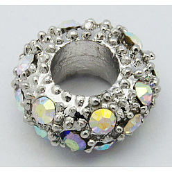 Crystal AB Alloy Rhinestone European Beads, Large Hole Beads, Rondelle, Platinum Metal Color, Crystal AB, 11x6mm, Hole: 5mm