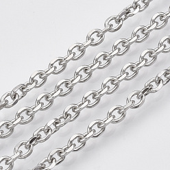 Stainless Steel Color 304 Stainless Steel Cable Chains, Diamond Cut Chains, Unwelded, Faceted, with Spool, Oval, Stainless Steel Color, Link: 5x4x1mm, about 32.8 Feet(10m)/roll