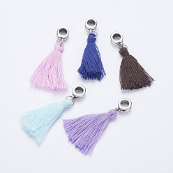Mixed Color Tibetan Style Alloy European Dangle Charms, with Cotton Thread Tassels, Mixed Color, 42mm, Hole: 5mm