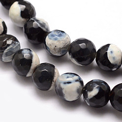 Black Natural Fire Crackle Agate Bead Strands, Round, Grade A, Faceted, Dyed & Heated, Black, 6mm, Hole: 1mm, about 61pcs/strand, 15 inch