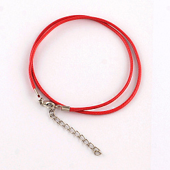 Red Waxed Cotton Cord Necklace Making, with Alloy Lobster Claw Clasps and Iron End Chains, Platinum, Red, 17.3 inch