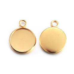 Golden Rack Plating 304 Stainless Steel Pendant Cabochon Settings, Plain Edge Bezel Cups, Flat Round, Real 24K Gold Plated, Tray: 12mm, 17.5x14x2mm, Hole: 2.2mm