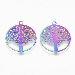 Rainbow Color Ion Plating(IP) 201 Stainless Steel Filigree Pendants, Etched Metal Embellishments, Flat Round with Tree of Life, Rainbow Color, 23x20x0.3mm, Hole: 1.2mm