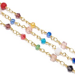 Mixed Color Handmade Glass Beaded Chains, Unwelded, with Brass Findings, with Spool, Faceted, Mixed Shapes, Golden, Mixed Color, 4~6x3~5mm, about 32.8 Feet(10m)/roll