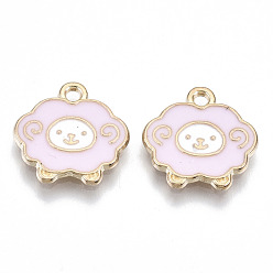 Pink Alloy Enamel Charms, Cadmium Free & Lead Free, Sheep, Light Gold, Pink, 14x14x1mm, Hole: 1.5mm