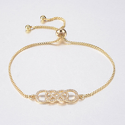 Golden Adjustable Brass Micro Pave Cubic Zirconia Bolo Bracelets, Slider Bracelets, Golden, 10-5/8 inch(270mm), 1.2mm