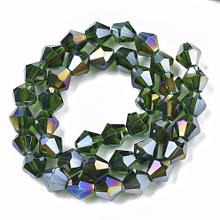 Dark Green Electroplate Glass Beads Strands, AB Color Plated, Faceted, Bicone, Dark Green, 7.5~8x7.5~8mm, Hole: 1.5mm, about 40pcs/strand, 11.81 inch