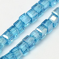 Небесно-голубой Гальванические стеклянные бусины, с покрытием AB цвета, граненые, кубические, голубой, 4x4x4 мм, отверстие : 1 мм, около 98 шт / нитка, 15.7 дюйм