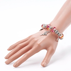 Antique Silver 304 Stainless Steel European Bracelets, with Glass Rondelle Beads and Alloy Pendants and Beads, Flamingo & Heart, Hot Pink, Antique Silver, 7-7/8 inch(20cm)