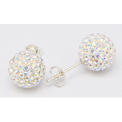 101_Crystal+AB 925 Sterling Silver Austrian Crystal Rhinestone Ear Stud, Round, 101_Crystal+AB, 20x10x1mm