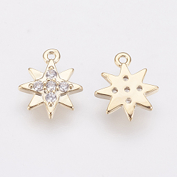 Real 18K Gold Plated Brass Micro Pave Cubic Zirconia Charms, Long-Lasting Plated, Star, Nickel Free, Real 18K Gold Plated, 8.2x7x1.2mm, Hole: 0.7mm