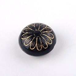 Black Flat Round with Flower Plating Acrylic Beads, Golden Metal Enlaced, Black, 16x10mm, Hole: 1.5mm, about 380pcs/500g
