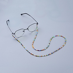 Coloré Chaînes de lunettes, tour de cou pour lunettes, avec des perles en verre de graine, perles à écraser en laiton et extrémités de boucle en caoutchouc, colorées, 30.7 pouce (78 cm)