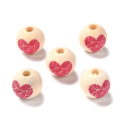 Amande Blanche Perles européennes en bois imprimées, Perles avec un grand trou   , ronde avec motif coeur, amande blanchie, 16x15mm, Trou: 4mm