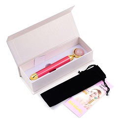 Hot Pink Natural Rose Quartz Massage Tool Skin Care, Facial Rollers, with Plastic Findings, Hot Pink, 156x30~31x16~26mm