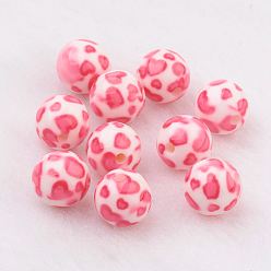 Hot Pink Spray Painted Resin Beads, with Heart Pattern, Round, Hot Pink, 10mm, Hole: 2mm