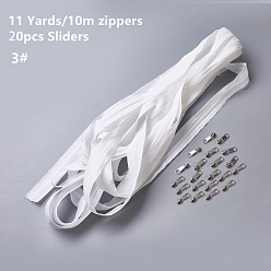White Nylon Zipper, with Metal Zipper Puller, For Pillowslip and Quilt Cover Zipper, Platinum, White, Zipper: 27mm, about 10m/strand, Zipper Puller: 26x17x5.5mm, 20pcs/set