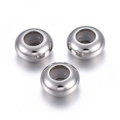 Stainless Steel Color 201 Stainless Steel Beads, with Rubber Inside, Slider Beads, Stopper Beads, Rondelle, Stainless Steel Color, 8x4mm, Hole: 3.5mm, Rubber Hole: 2.2mm
