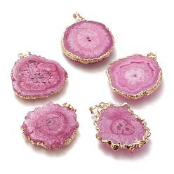 Hot Pink Dyed Natural Druzy Solar Quartz Crystal Pendants, Edge Plated, with Brass Bails, Sunflower, Golden, Hot Pink, 40~50x30~45x5~6mm, Hole: 4x6mm
