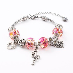 Antique Silver 304 Stainless Steel European Bracelets, with Glass Rondelle Beads and Alloy Pendants and Beads, Flamingo & Heart, Hot Pink, Antique Silver, 7-7/8 inch(20cm)