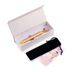 Gold Natural Rose Quartz Massage Tool Skin Care, Facial Rollers, with Plastic Findings, Gold, 156x30~31x16~26mm