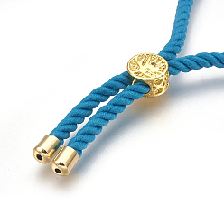 Deep Sky Blue Cotton Cord Bracelet Making, with Brass Findings, Flat Round with Tree of Life, Real 18K Gold Plated, Deep Sky Blue, 8-5/8 inch(22cm), Hole: 2mm