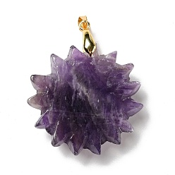Amethyst Natural Amethyst Pendants, with Golden Tone Brass Findings, Lead Free & Cadmium Free, Sun with Smiling Face, 42x34~35x10.5mm, Hole: 3.8x5mm