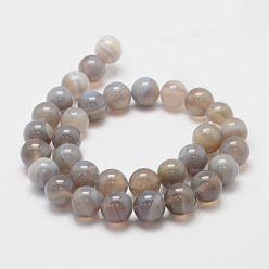 Gray Natural Striped Agate/Banded Agate Bead Strands, Round, Grade A, Light Grey, 10mm, Hole: 1mm, about 37~38pcs/strand, 14.5 inch