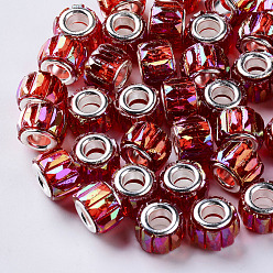 Red Transparent Resin European Beads, Large Hole Beads, with Silver Color Plated Double Brass Cores, Faceted, AB Color Plated, Column, Red, 11.5x8mm, Hole: 5mm