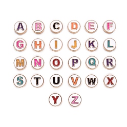 Letter A~Z Alloy Enamel Beads, Flat Round, Cadmium Free & Lead Free, Mixed Color, Light Gold, Letter A~Z, 10x3.5mm, Hole: 1.4mm, about 26pcs/set