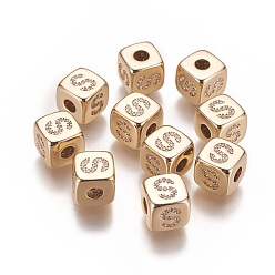 Letter S Brass Micro Pave Cubic Zirconia Beads, Horizontal Hole, Real 18K Gold Plated, Long-Lasting Plated, Cube with Letter, Clear, Letter.S, 9x9x9mm, Hole: 3.5mm