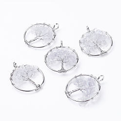 Quartz Crystal Natural Quartz Crystal Pendants, Rock Crystal Pendants, with Brass Findings, Flat Round with Tree of Life, Platinum, 29x5~7mm, Hole: 4.5mm