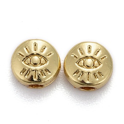 Real 18K Gold Plated Alloy Beads, Long-Lasting Plated, Flat Round with Evil Eye, Real 18K Gold Plated, 5.5x6x3mm, Hole: 1.5mm