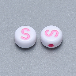 Letter S Craft Acrylic Horizontal Hole Letter Beads, Flat Round, Mixed Color, Letter.S, 7x3.5~4mm, Hole: 1.5mm, about 3600pcs/500g