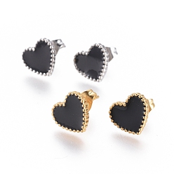 Mixed Color 304 Stainless Steel Stud Earrings, with Enamel and Ear Nuts, Heart, Black, Mixed Color, 9.5x10.5x1.5mm, Pin: 0.6mm, 6pairs/card