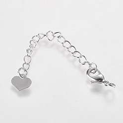 Real Platinum Plated Long-Lasting Plated Brass Chain Extender, with Lobster Claw Clasps and Heart Tips, Real Platinum Plated, 65x3mm, Hole: 2.5mm